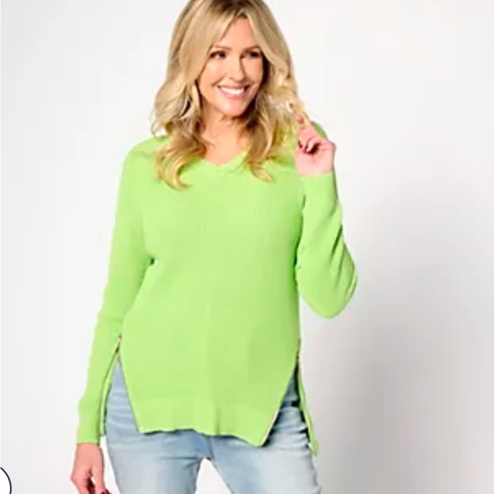 Belle by Kim Gravel Diagonal Signature Zip Shaker Knit Sweater small green